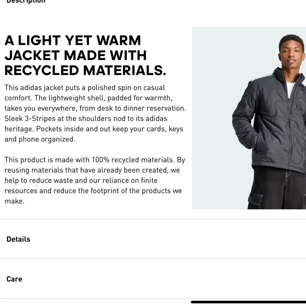 NWT ADIDAS S MEN quilted black jacket nuganic VEGAN New warm new with tag SMALL